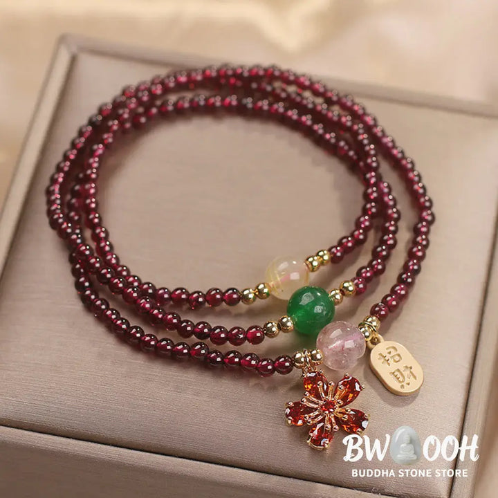 Buddha Stones Natural 3mm Ultra-thin Garnet Beads Cherry Blossom Flower Attract Fortune Protection Multilayer Bracelet