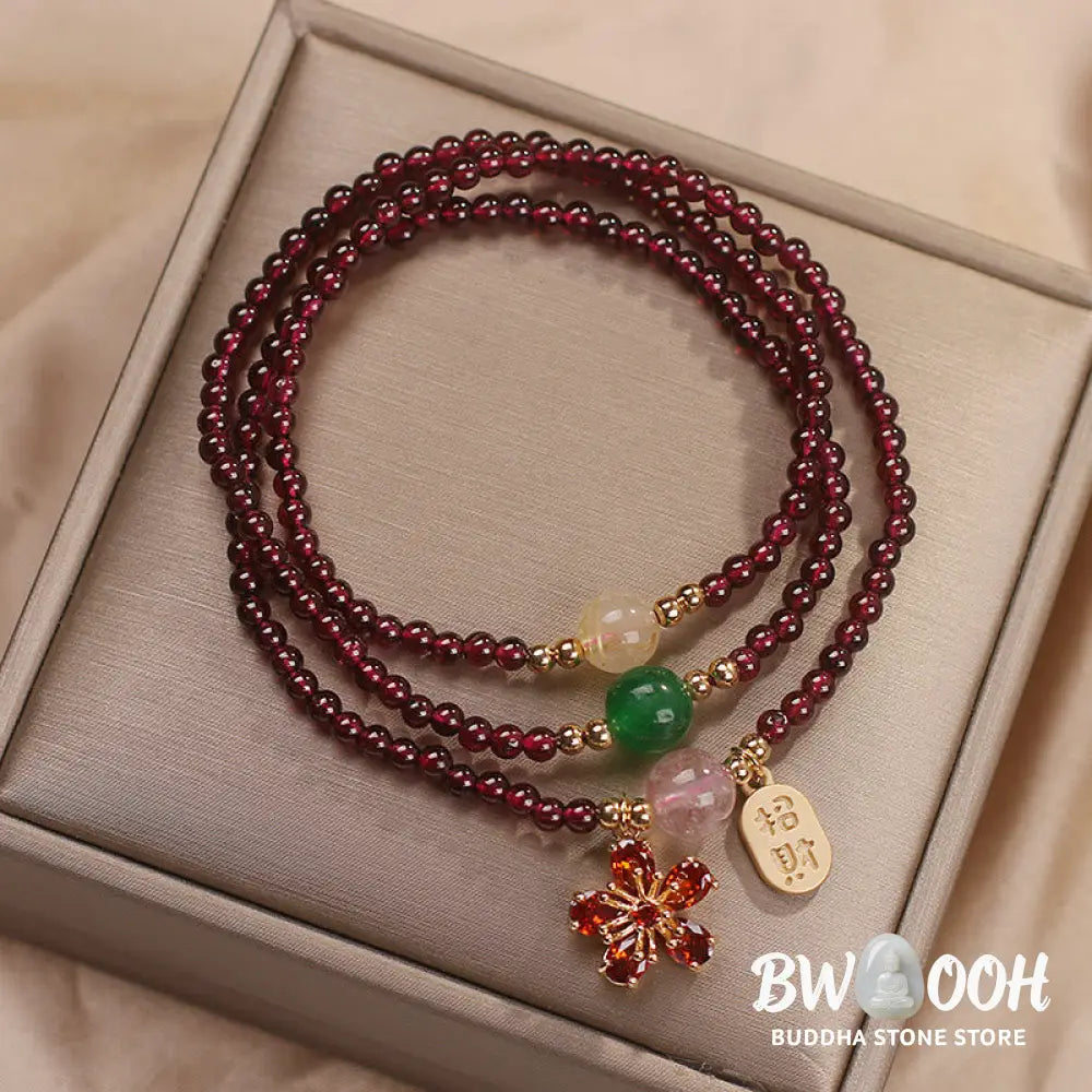 Buddha Stones Natural 3mm Ultra-thin Garnet Beads Cherry Blossom Flower Attract Fortune Protection Multilayer Bracelet