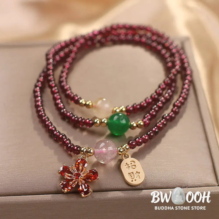 Buddha Stones Natural 3mm Ultra-thin Garnet Beads Cherry Blossom Flower Attract Fortune Protection Multilayer Bracelet