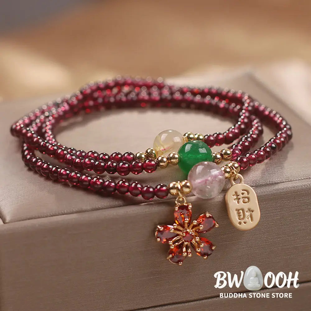 Buddha Stones Natural 3mm Ultra-thin Garnet Beads Cherry Blossom Flower Attract Fortune Protection Multilayer Bracelet
