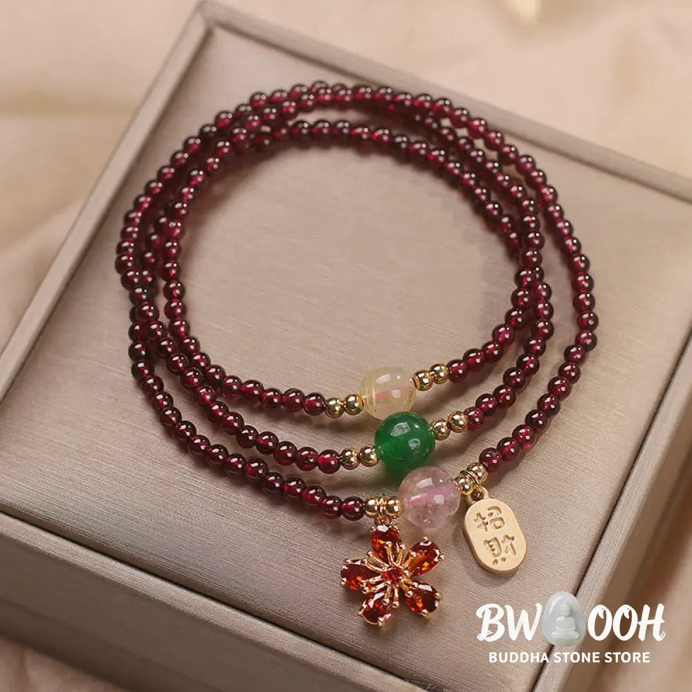 Buddha Stones Natural 3mm Ultra-thin Garnet Beads Cherry Blossom Flower Attract Fortune Protection Multilayer Bracelet
