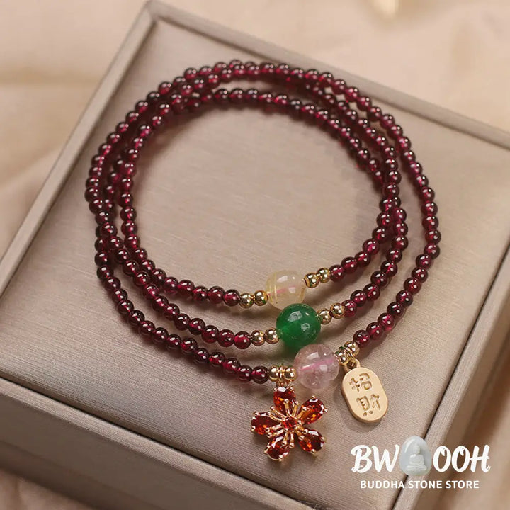 Buddha Stones Natural 3mm Ultra-thin Garnet Beads Cherry Blossom Flower Attract Fortune Protection Multilayer Bracelet