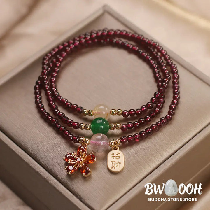 Buddha Stones Natural 3mm Ultra-thin Garnet Beads Cherry Blossom Flower Attract Fortune Protection Multilayer Bracelet