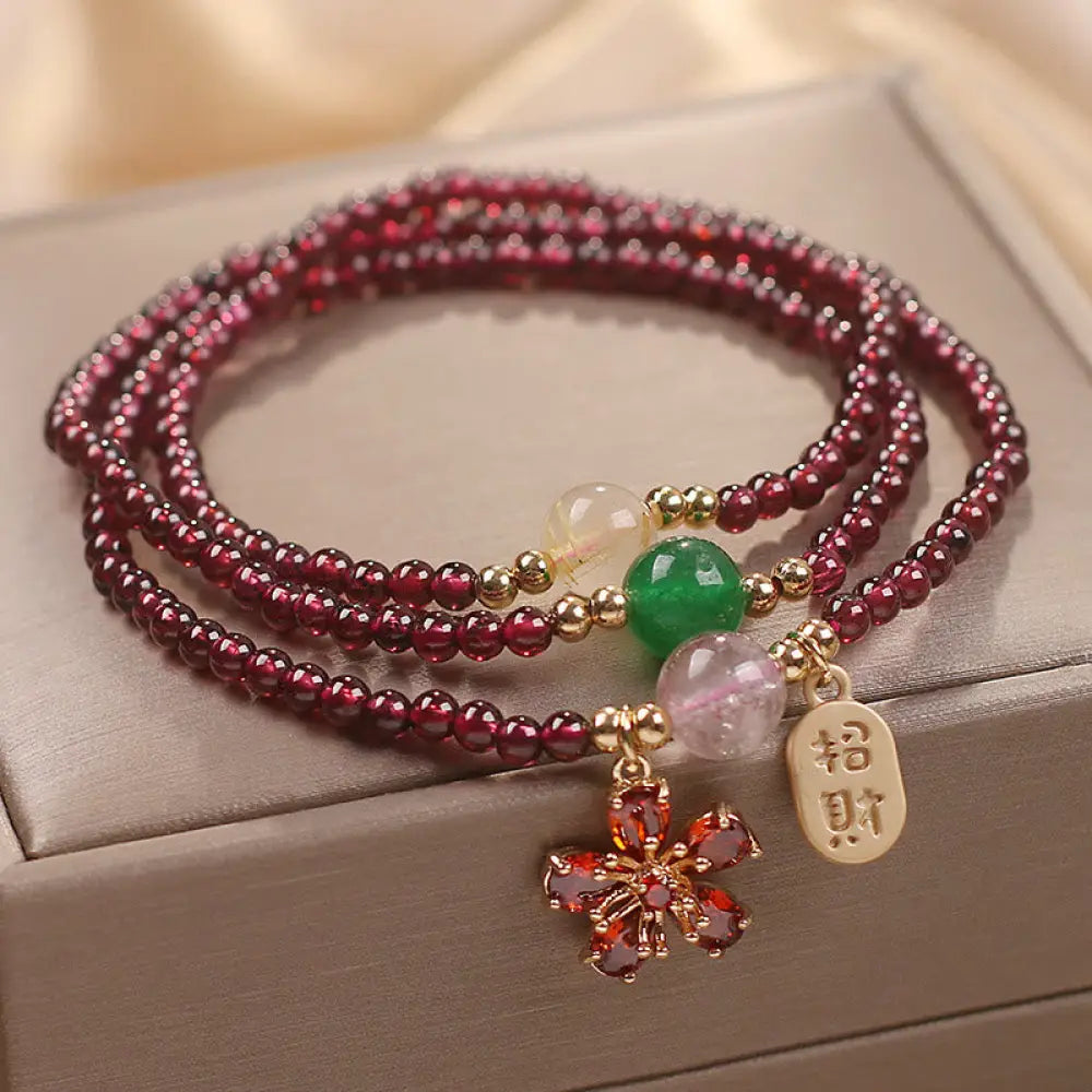 BWOOOH Natural 3mm Ultra-thin Garnet Beads Cherry Blossom Flower Attract Fortune Protection Multilayer Bracelet — Garnet c...