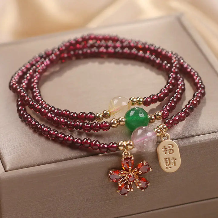 BWOOOH Natural 3mm Ultra-thin Garnet Beads Cherry Blossom Flower Attract Fortune Protection Multilayer Bracelet — Garnet c...