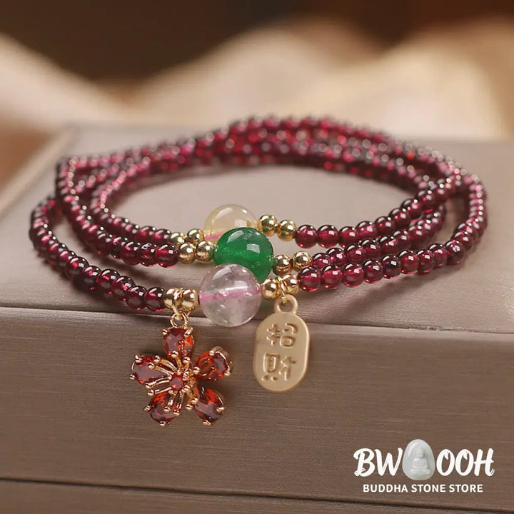 Buddha Stones Natural 3mm Ultra-thin Garnet Beads Cherry Blossom Flower Attract Fortune Protection Multilayer Bracelet