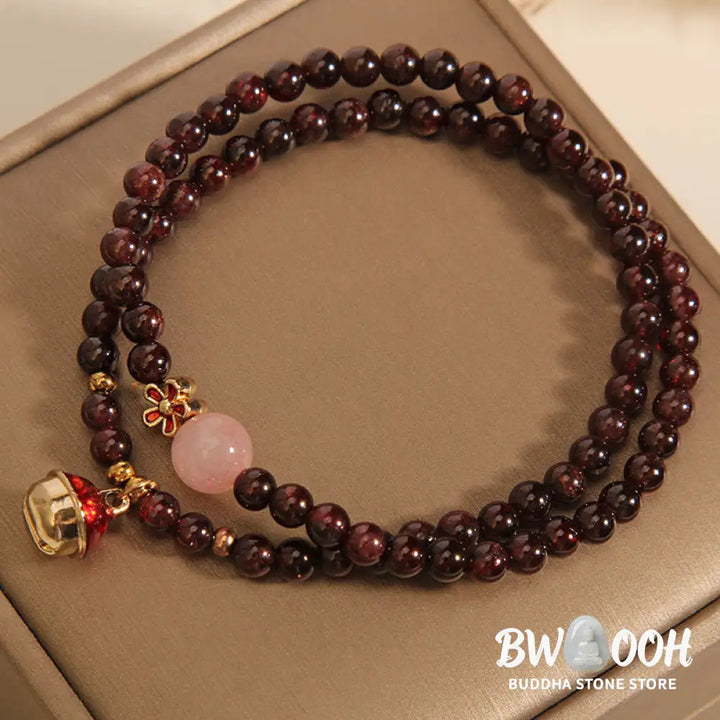 Buddha Stones Natural 3mm Ultra-thin Garnet Rose Quartz Beads Money Bag Bell Flower Protection Bracelet - Bracelet