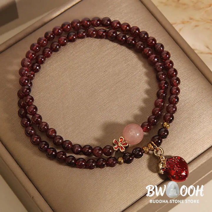 Buddha Stones Natural 3mm Ultra-thin Garnet Rose Quartz Beads Money Bag Bell Flower Protection Bracelet - Bracelet