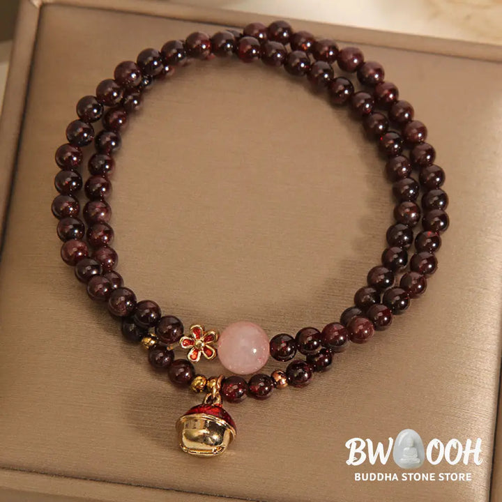 Buddha Stones Natural 3mm Ultra-thin Garnet Rose Quartz Beads Money Bag Bell Flower Protection Bracelet - Bracelet