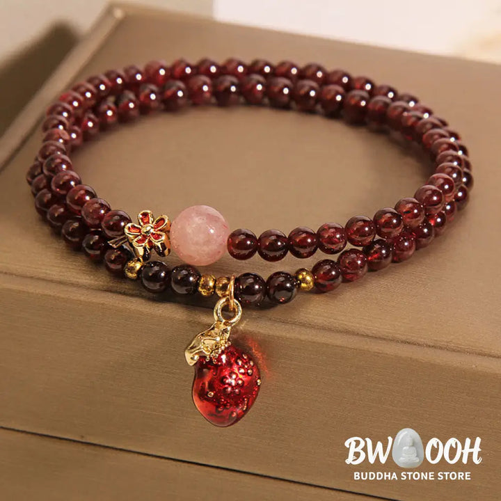 Buddha Stones Natural 3mm Ultra-thin Garnet Rose Quartz Beads Money Bag Bell Flower Protection Bracelet - Bracelet
