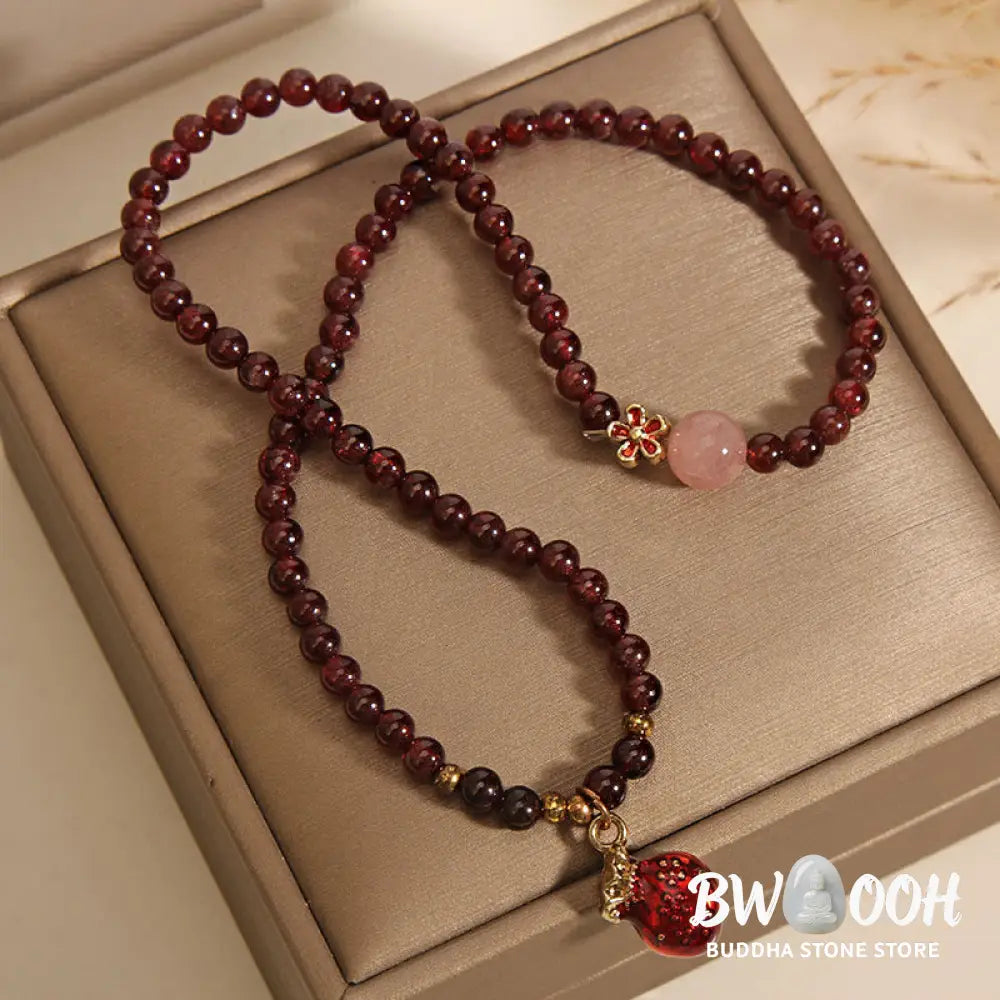 Buddha Stones Natural 3mm Ultra-thin Garnet Rose Quartz Beads Money Bag Bell Flower Protection Bracelet - Bracelet