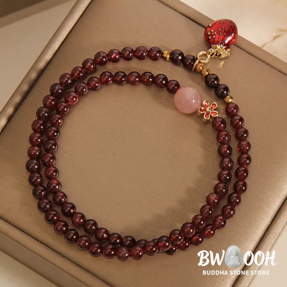 Buddha Stones Natural 3mm Ultra-thin Garnet Rose Quartz Beads Money Bag Bell Flower Protection Bracelet - Bracelet