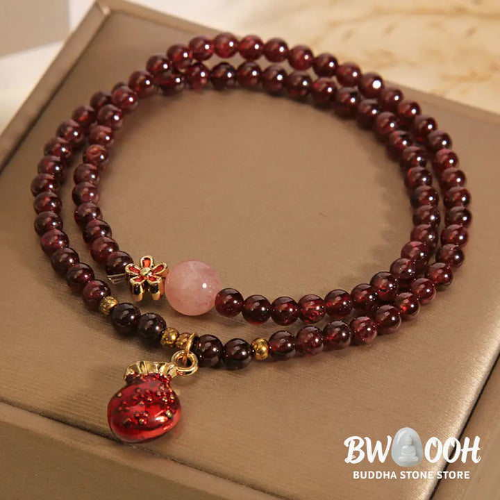 Buddha Stones Natural 3mm Ultra-thin Garnet Rose Quartz Beads Money Bag Bell Flower Protection Bracelet - Bracelet
