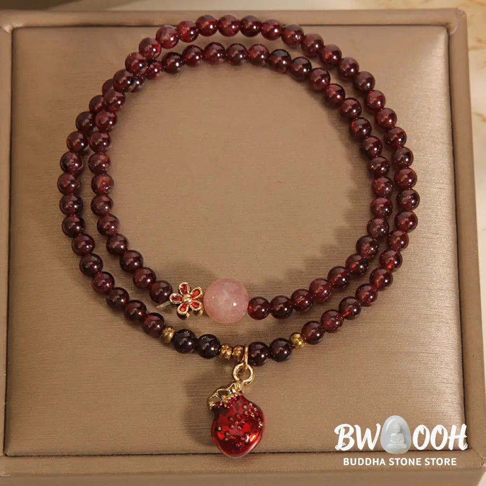 Buddha Stones Natural 3mm Ultra-thin Garnet Rose Quartz Beads Money Bag Bell Flower Protection Bracelet - Bracelet
