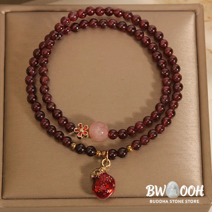 Buddha Stones Natural 3mm Ultra-thin Garnet Rose Quartz Beads Money Bag Bell Flower Protection Bracelet - Bracelet