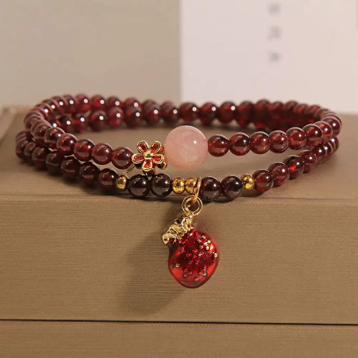 Buddha Stones Natural 3mm Ultra-thin Garnet Rose Quartz Beads Money Bag Bell Flower Protection Bracelet - Garnet Money