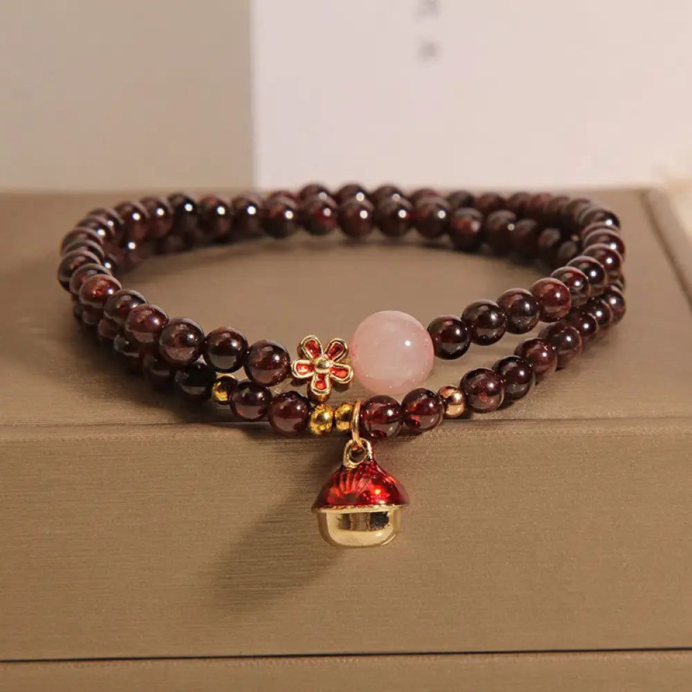 Buddha Stones Natural 3mm Ultra-thin Garnet Rose Quartz Beads Money Bag Bell Flower Protection Bracelet - Garnet