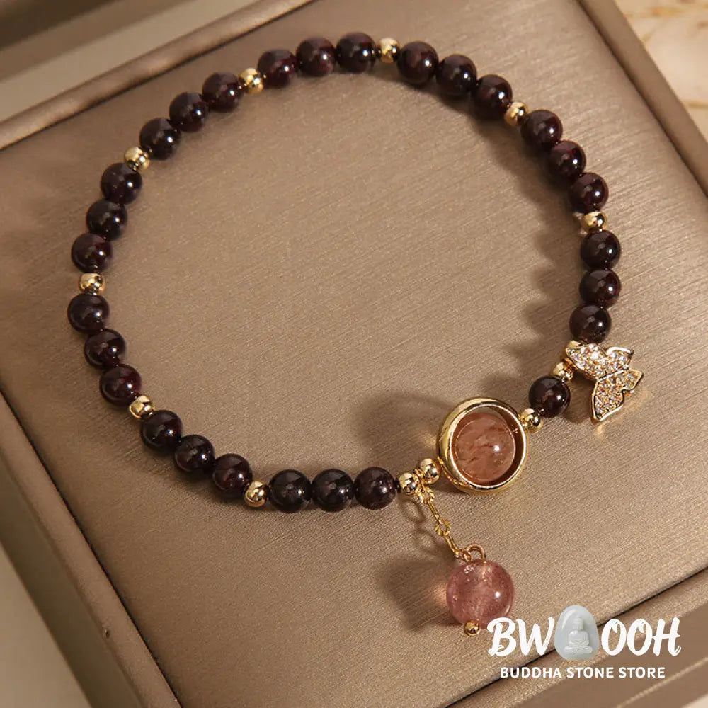 Buddha Stones Natural 3mm Ultra-thin Garnet Strawberry Quartz Butterfly Calm Bracelet - Garnet(Wrist Circumference