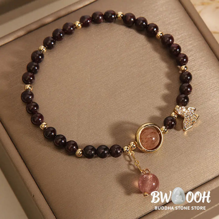 Buddha Stones Natural 3mm Ultra-thin Garnet Strawberry Quartz Butterfly Calm Bracelet - Garnet(Wrist Circumference
