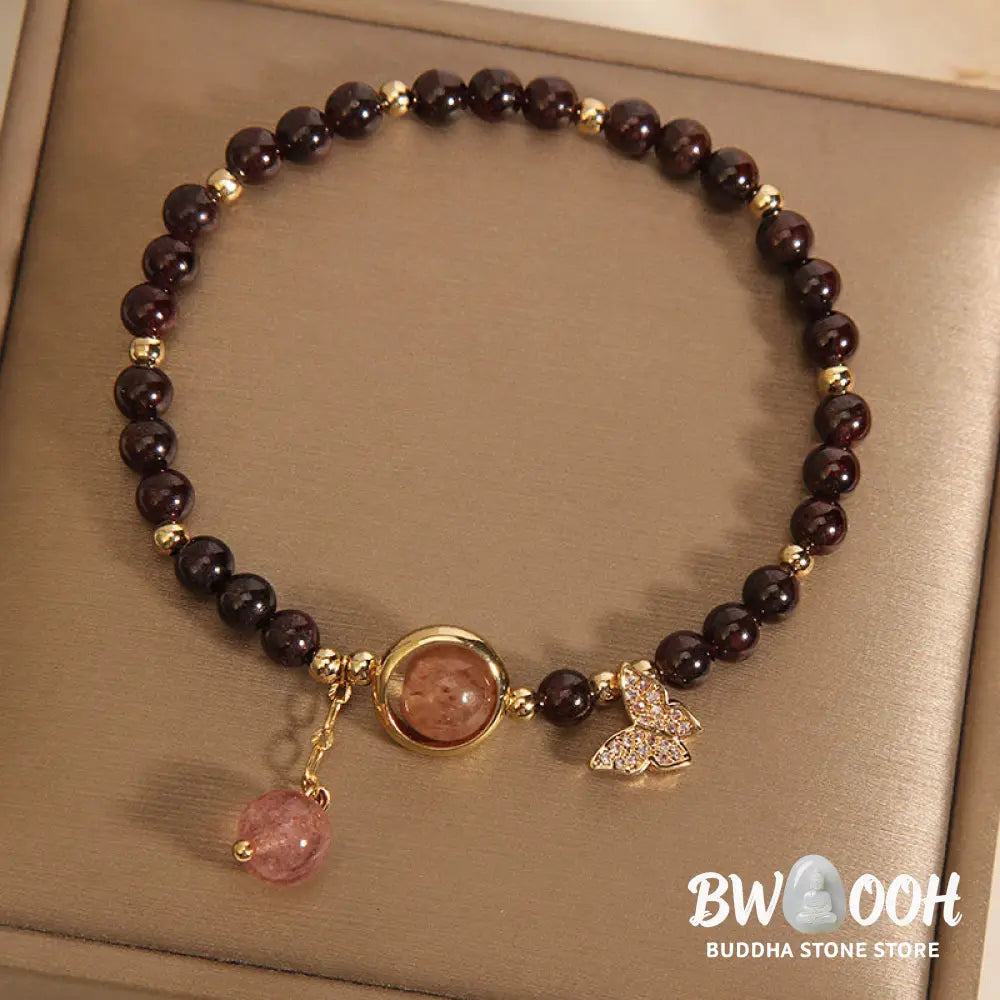 Buddha Stones Natural 3mm Ultra-thin Garnet Strawberry Quartz Butterfly Calm Bracelet - Garnet(Wrist Circumference