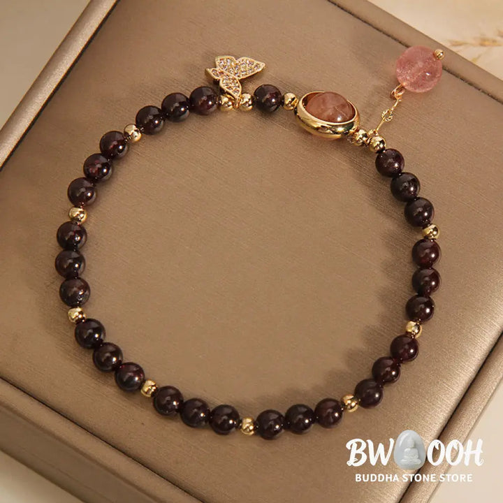 Buddha Stones Natural 3mm Ultra-thin Garnet Strawberry Quartz Butterfly Calm Bracelet - Garnet(Wrist Circumference