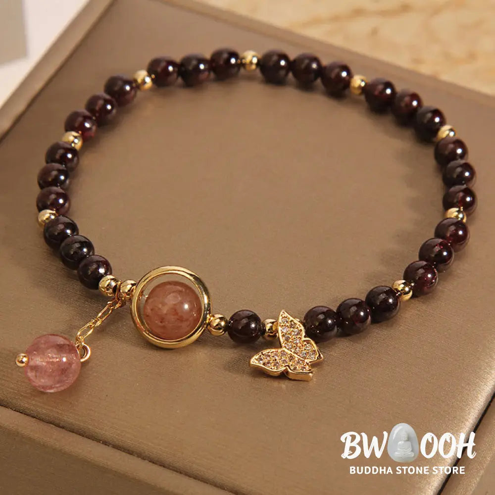 Buddha Stones Natural 3mm Ultra-thin Garnet Strawberry Quartz Butterfly Calm Bracelet - Garnet(Wrist Circumference