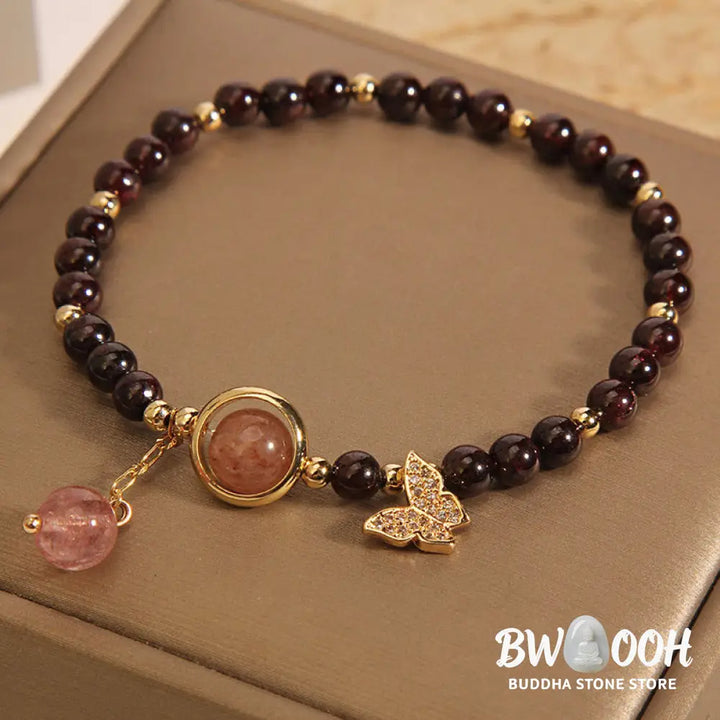 Buddha Stones Natural 3mm Ultra-thin Garnet Strawberry Quartz Butterfly Calm Bracelet - Garnet(Wrist Circumference