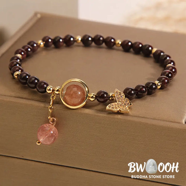 Buddha Stones Natural 3mm Ultra-thin Garnet Strawberry Quartz Butterfly Calm Bracelet - Garnet(Wrist Circumference