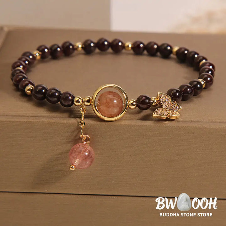 Buddha Stones Natural 3mm Ultra-thin Garnet Strawberry Quartz Butterfly Calm Bracelet - Garnet(Wrist Circumference