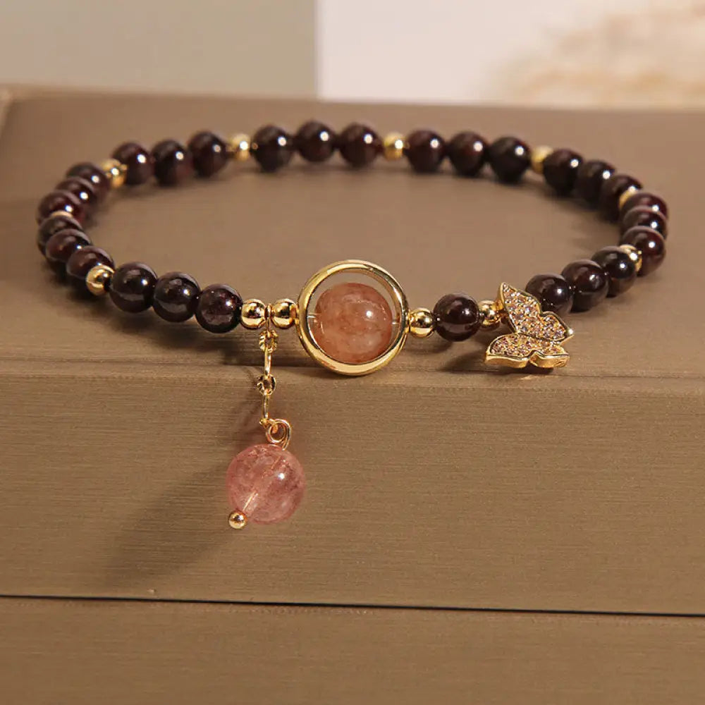Buddha Stones Natural 3mm Ultra-thin Garnet Strawberry Quartz Butterfly Calm Bracelet - Garnet(Wrist Circumference