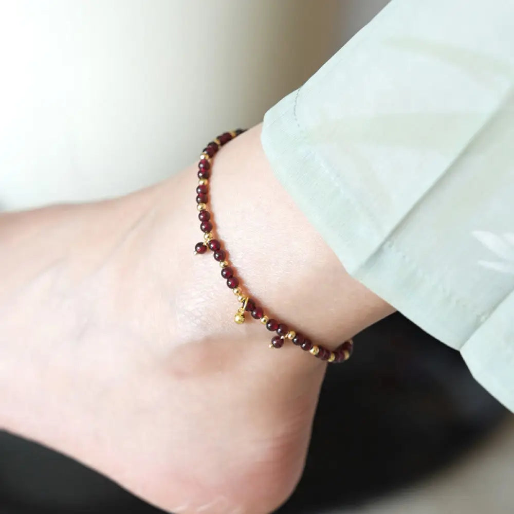 BWOOOH Natural 4mm Garnet Copper Gold Plated Calm Anklet