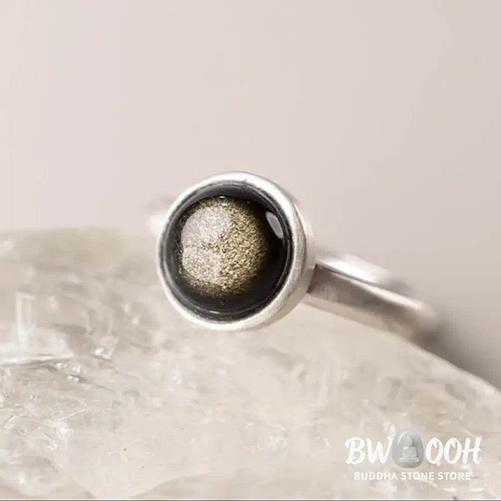 Buddha Stones Natural 925 Sterling Silver Gold Sheen Obsidian Adjustable Wealth Ring - Ring