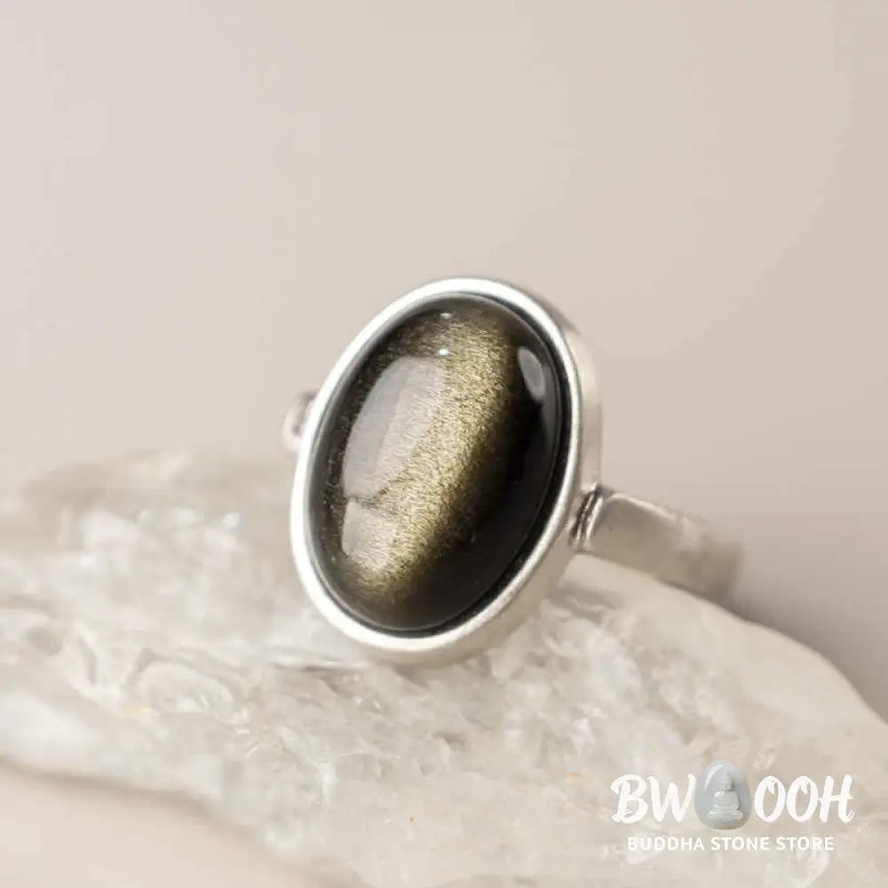 Buddha Stones Natural 925 Sterling Silver Gold Sheen Obsidian Adjustable Wealth Ring - Ring