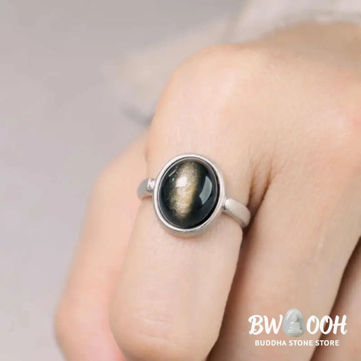 Buddha Stones Natural 925 Sterling Silver Gold Sheen Obsidian Adjustable Wealth Ring - Ring