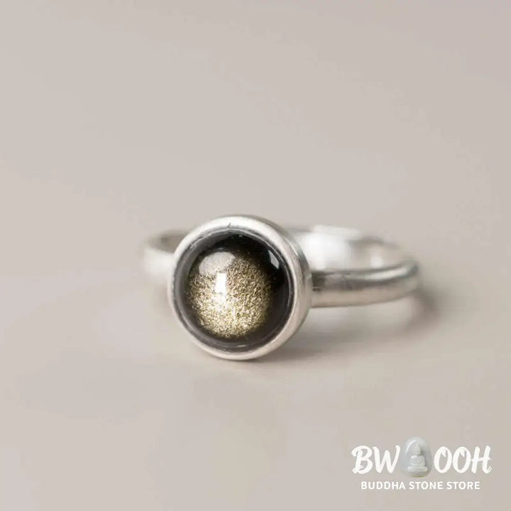 Buddha Stones Natural 925 Sterling Silver Gold Sheen Obsidian Adjustable Wealth Ring - Ring