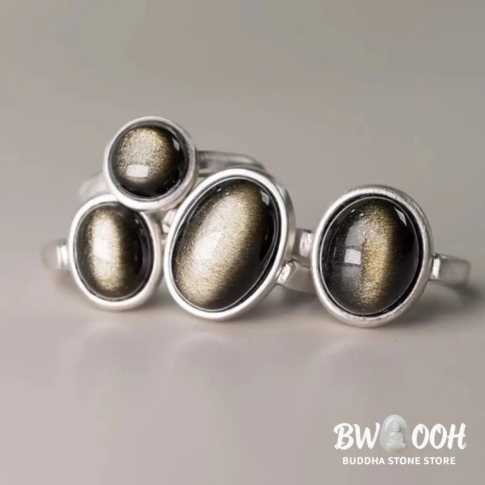 Buddha Stones Natural 925 Sterling Silver Gold Sheen Obsidian Adjustable Wealth Ring - Ring