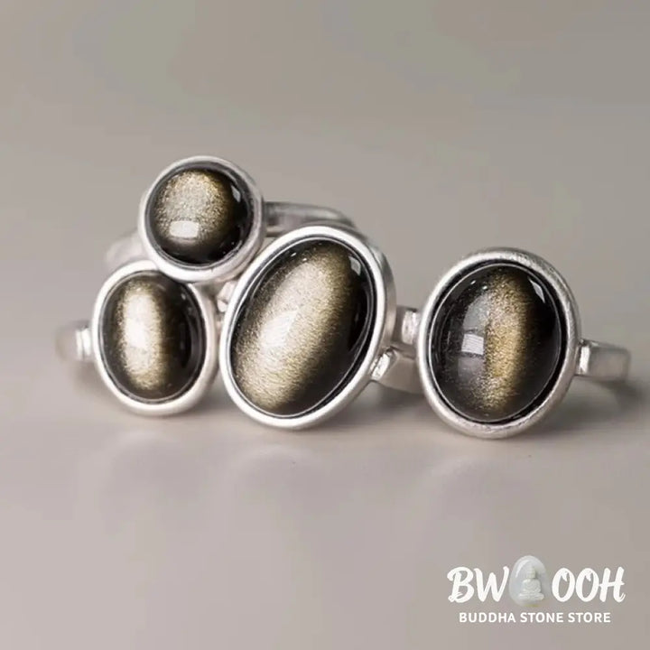 Buddha Stones Natural 925 Sterling Silver Gold Sheen Obsidian Adjustable Wealth Ring - Ring