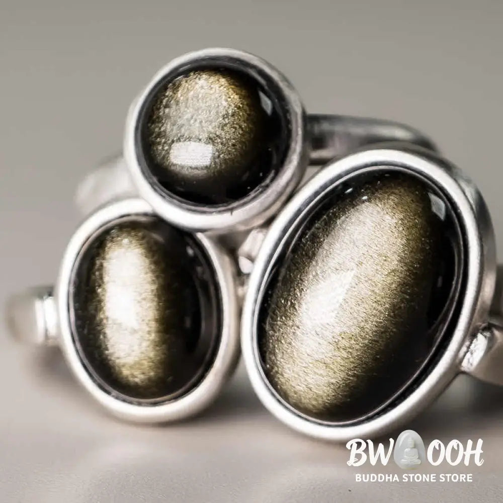 Buddha Stones Natural 925 Sterling Silver Gold Sheen Obsidian Adjustable Wealth Ring - Ring