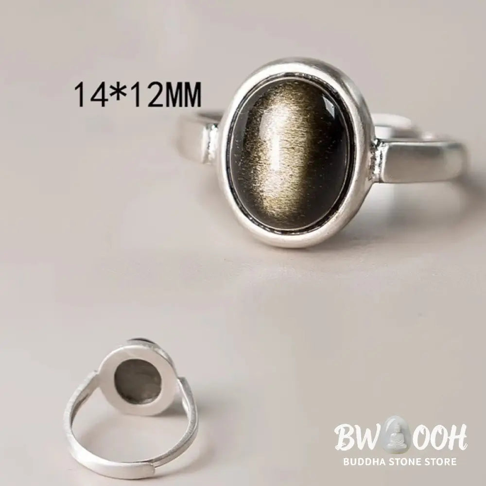 Buddha Stones Natural 925 Sterling Silver Gold Sheen Obsidian Adjustable Wealth Ring - Ring