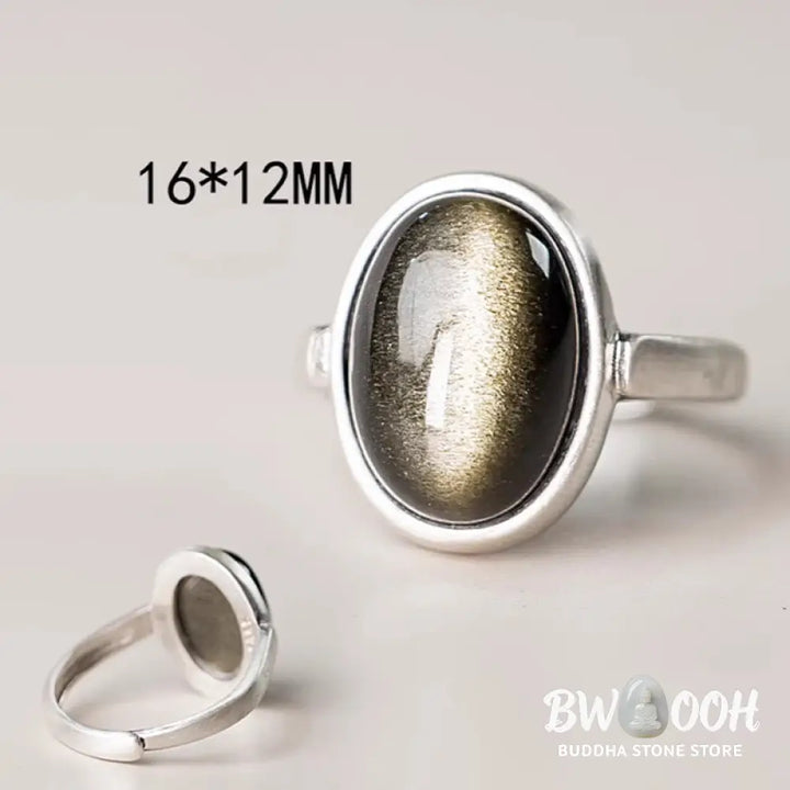 Buddha Stones Natural 925 Sterling Silver Gold Sheen Obsidian Adjustable Wealth Ring - Ring