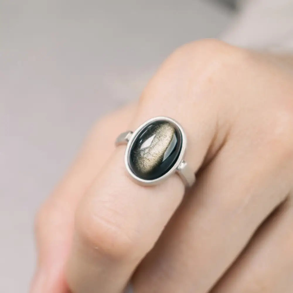 Buddha Stones Natural 925 Sterling Silver Gold Sheen Obsidian Adjustable Wealth Ring - A Style(About 16*12mm) - Ring