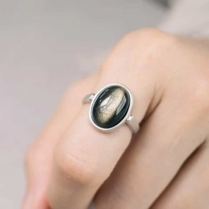 Buddha Stones Natural 925 Sterling Silver Gold Sheen Obsidian Adjustable Wealth Ring - A Style(About 16*12mm) - Ring