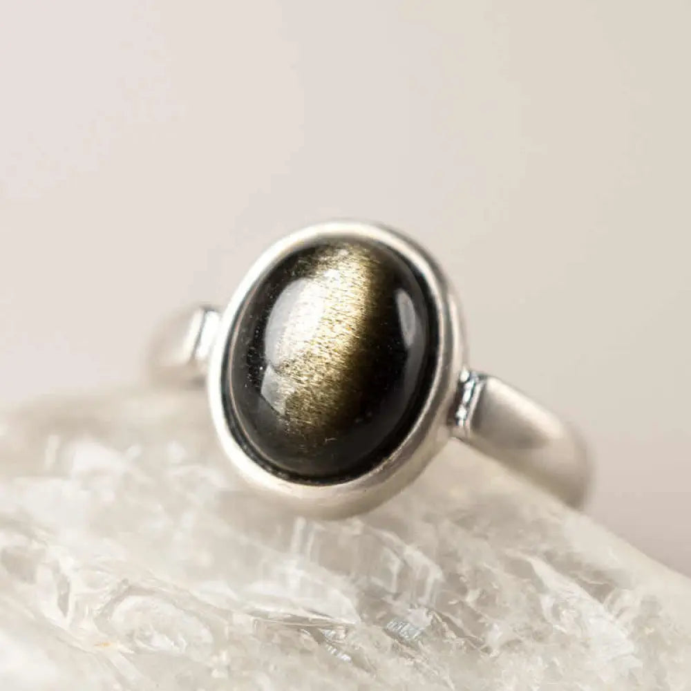 BWOOOH Natural 925 Sterling Silver Gold Sheen Obsidian Adjustable Wealth Ring — Sterling Silver black obsidian bracelet fo...