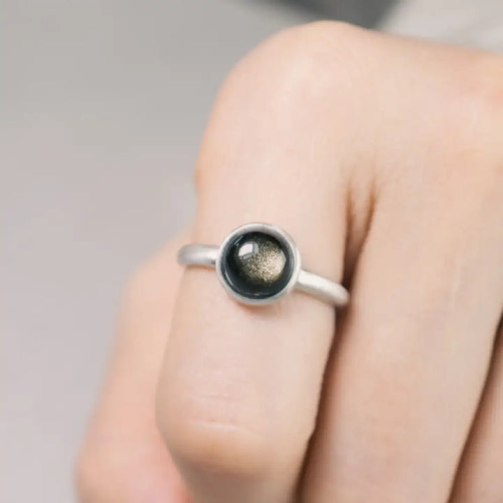 Buddha Stones Natural 925 Sterling Silver Gold Sheen Obsidian Adjustable Wealth Ring - C Style(About 10*10mm) - Ring