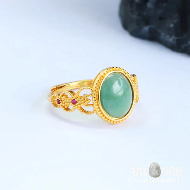 Buddha Stones Natural 925 Sterling Silver Plated Gold Hollow Design Jade Luck Ring - Jade - Ring