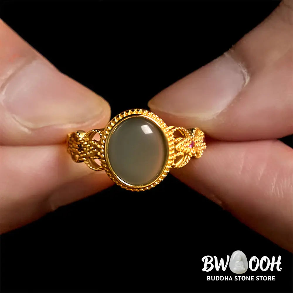 Buddha Stones Natural 925 Sterling Silver Plated Gold Hollow Design Jade Luck Ring - Jade - Ring