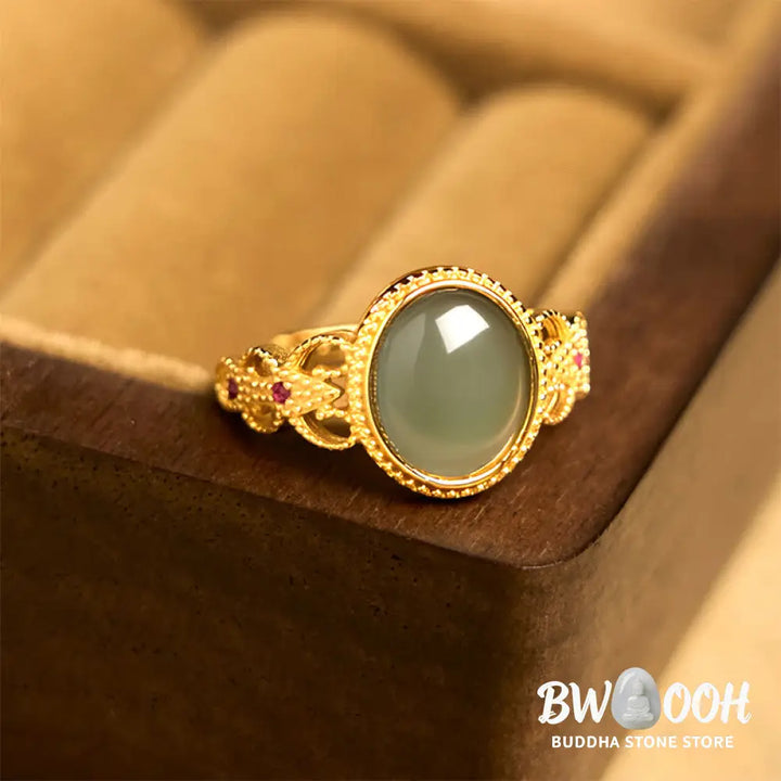 Buddha Stones Natural 925 Sterling Silver Plated Gold Hollow Design Jade Luck Ring - Jade - Ring