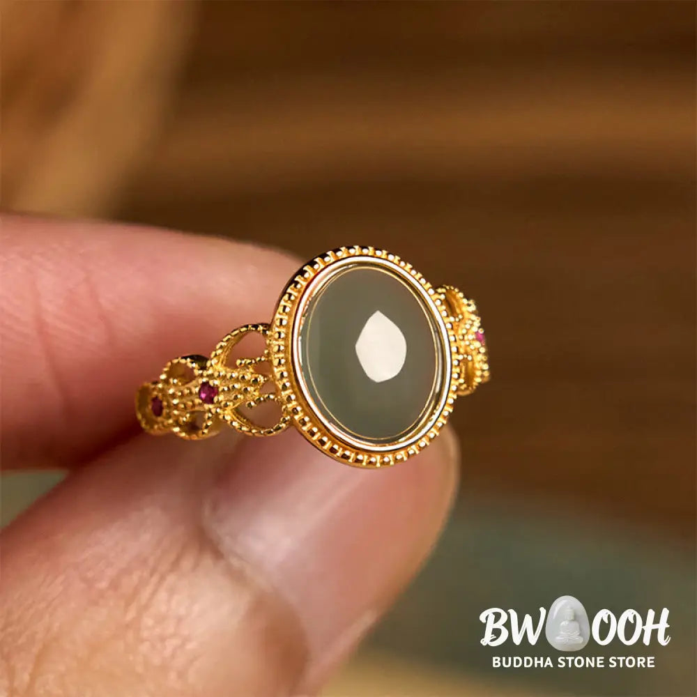 Buddha Stones Natural 925 Sterling Silver Plated Gold Hollow Design Jade Luck Ring - Jade - Ring