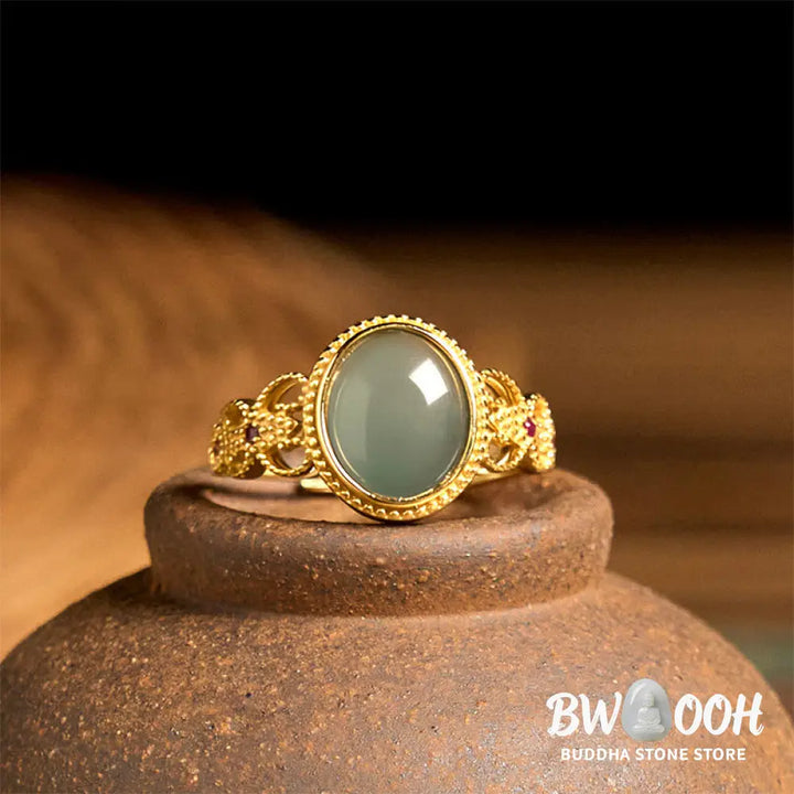 Buddha Stones Natural 925 Sterling Silver Plated Gold Hollow Design Jade Luck Ring - Jade - Ring