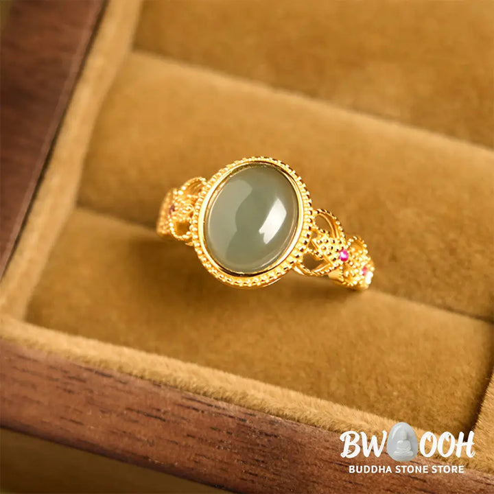 Buddha Stones Natural 925 Sterling Silver Plated Gold Hollow Design Jade Luck Ring - Jade - Ring